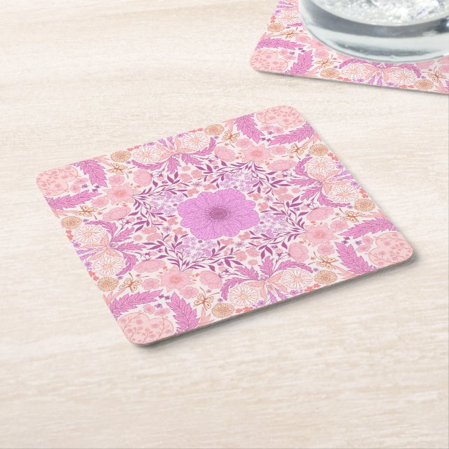 Dessous De Verre Carré Fleurs de jardin rétro en rose (Incliné)