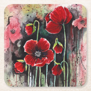 Dessous De Verre Carré Fleurs De Pavot En Aquarelle