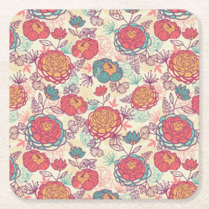 Dessous De Verre Carré Fleurs de pivoine et motif feuille