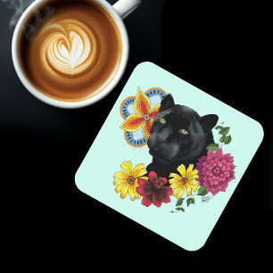 Dessous De Verre Carré Fleurs de Portrait Jaguar Noir