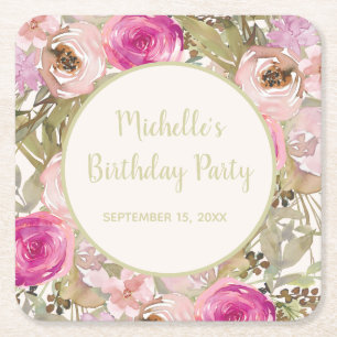 Dessous De Verre Carré Fleurs de sauge vert rose rose anniversaire