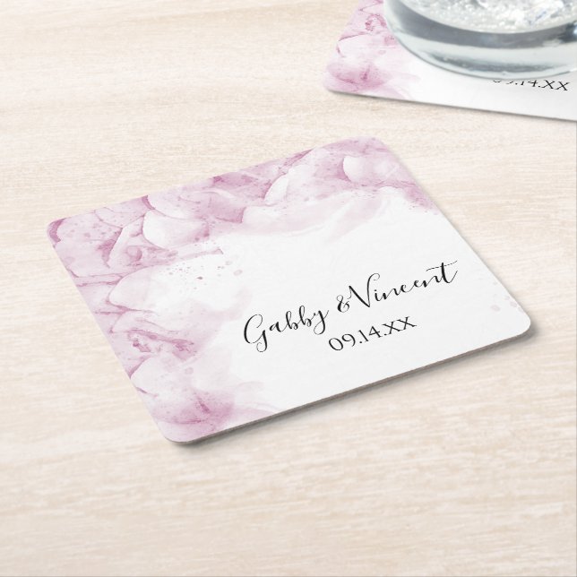 Dessous De Verre Carré Fleurs d'Hydrangée rose Mariage d'aquarelle (Incliné)