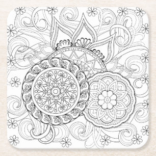 Dessous De Verre Carré Fleurs et mandalas de griffonnage