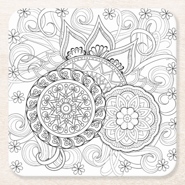 Dessous De Verre Carré Fleurs et mandalas de griffonnage (Devant)