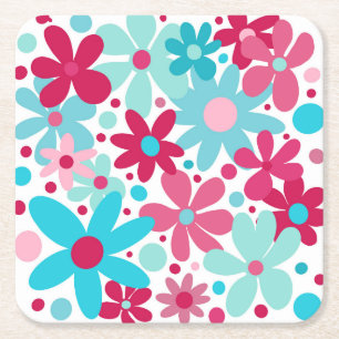 Dessous De Verre Carré Fleurs funky bleu et rose