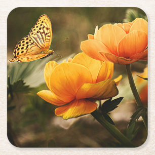 Dessous De Verre Carré Fleurs jaunes dorées et papillon
