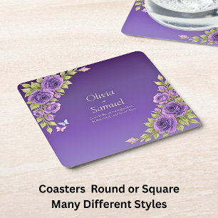 Dessous De Verre Carré Fleurs mauves violettes et Mariage blanc