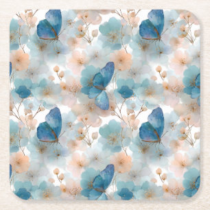 Dessous De Verre Carré Fleurs printanières vintage & Papillon bleu