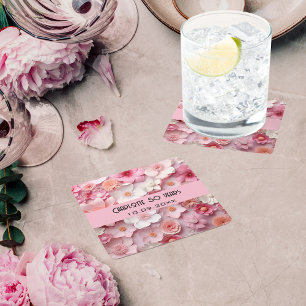 Dessous De Verre Carré Fleurs rose blanc nom fête d'anniversaire