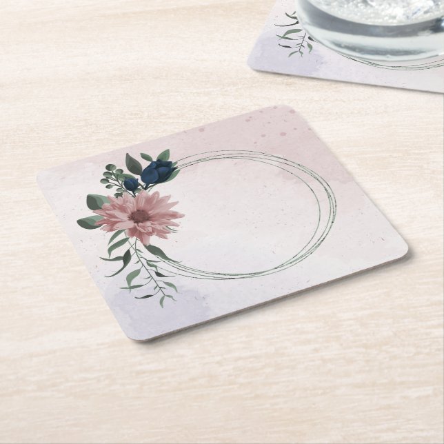 Dessous De Verre Carré fleurs rose et marine botanique (Incliné)
