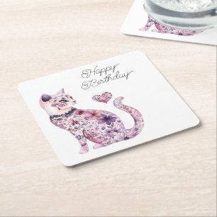 Dessous De Verre Carré Fleurs Rose Violet Blush Coeur Amour Chat Annivers