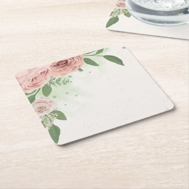 Dessous De Verre Carré fleurs roses rousses romantiques & feuille (Incliné)
