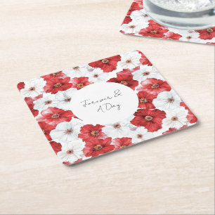 Dessous De Verre Carré Fleurs Rouges et Blanches Mariage Baby Shower
