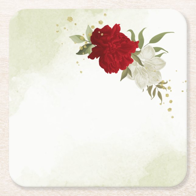 Dessous De Verre Carré fleurs rouges vert feuille mariage (Devant)