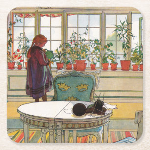 Dessous De Verre Carré Fleurs sur le rebord de fenêtre par Carl Larsson