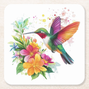 Dessous De Verre Carré Fleurs tropicales des colibris