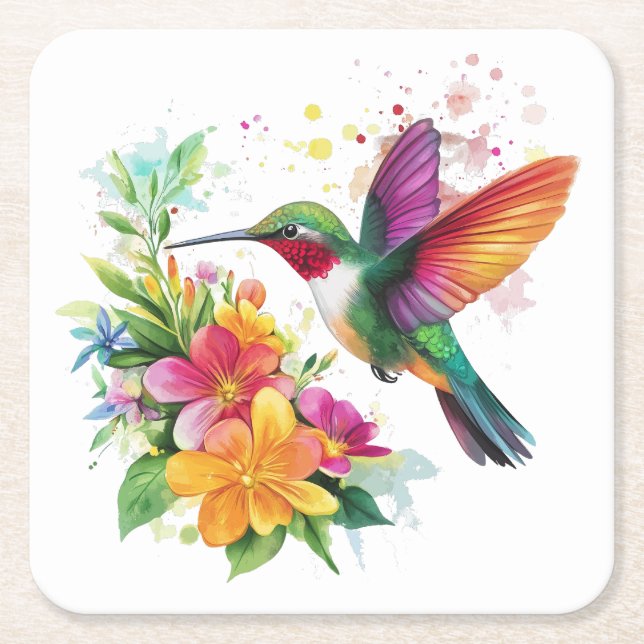 Dessous De Verre Carré Fleurs tropicales des colibris (Devant)