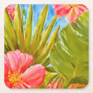 Dessous De Verre Carré Fleurs tropicales, palmiers, Hawaii