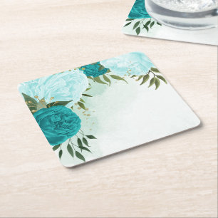 Dessous De Verre Carré fleurs turquoise vert feuille mariage