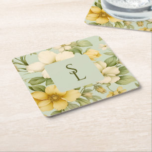 Dessous De Verre Carré Fleurs vertes douces et beiges mariage