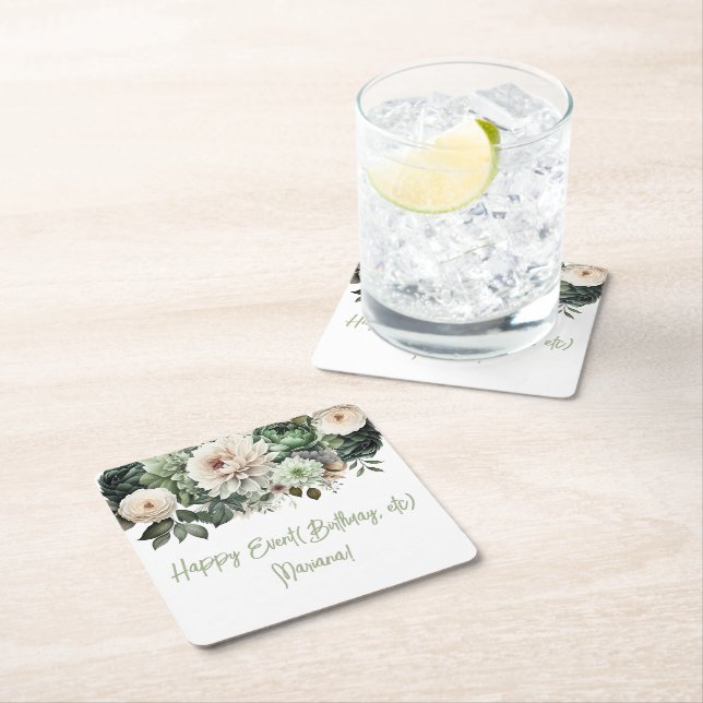 Dessous De Verre Carré Fleurs vertes Sage Fête Florale (En situation)