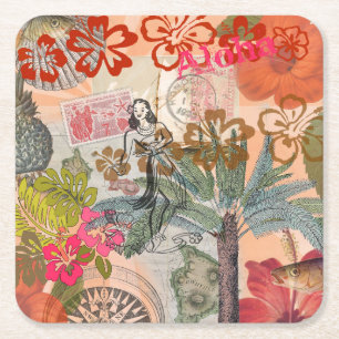 Dessous De Verre Carré Fleurs Vintage Hula Coloré Hawaïen Tropical