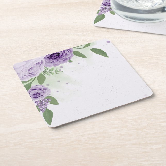 Dessous De Verre Carré fleurs violettes romantiques vert feuille botaniqu (Incliné)