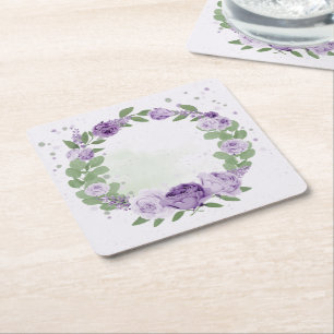 Dessous De Verre Carré fleurs violettes romantiques vert feuille botaniqu