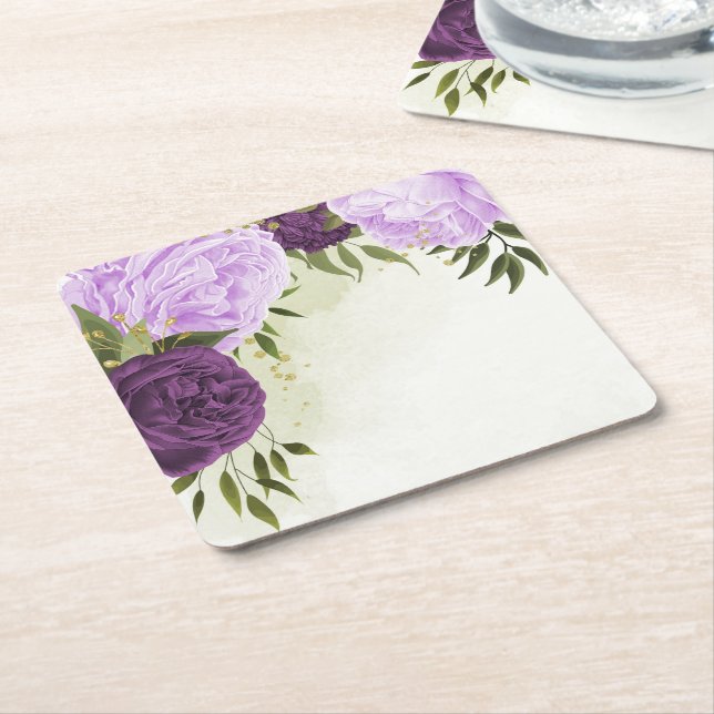 Dessous De Verre Carré fleurs violettes vert feuille mariage (Incliné)