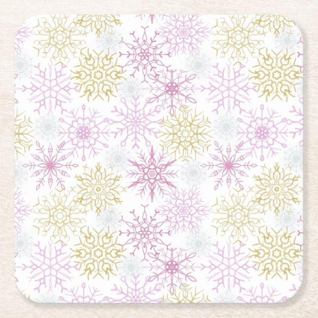 Dessous De Verre Carré Flocon de neige rose étincelant (Devant)