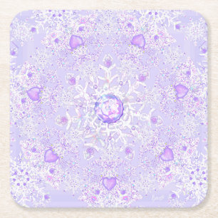 Dessous De Verre Carré flocon de neige violet clair et coeur étincelant