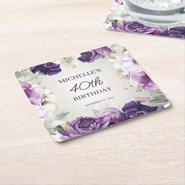 Dessous De Verre Carré Floral blanc pourpre 40e anniversaire (Incliné)