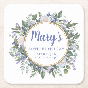 Dessous De Verre Carré Floral bleu blanc 60e anniversaire Merci