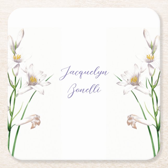 Dessous De Verre Carré Floral Elegant Chic Calligraphie Nom Lithographe (Devant)