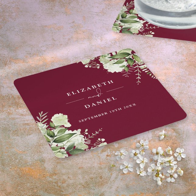 Dessous De Verre Carré Flore verdure Élégant Mariage de Bourgogne (Floral Greenery Elegant Burgundy Wedding Square Paper Coaster)