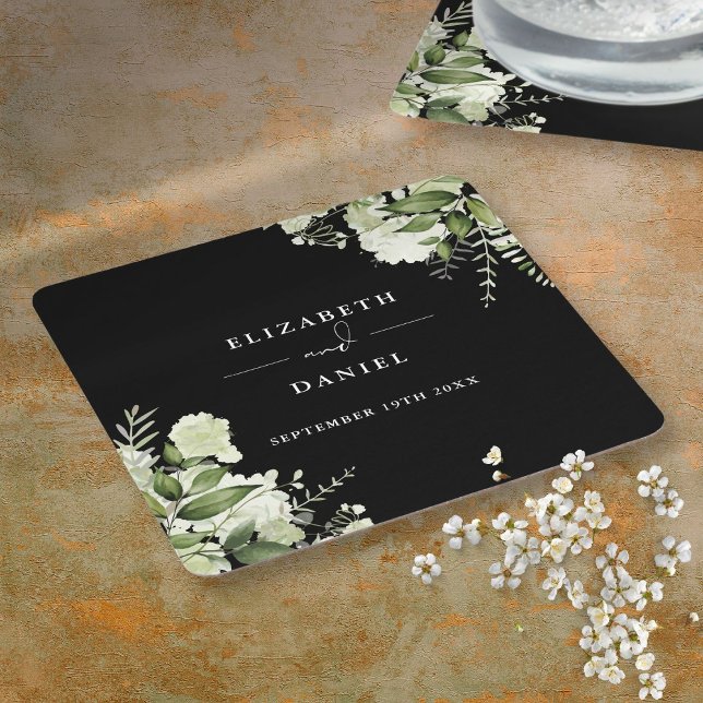 Dessous De Verre Carré Flore Vert Élégant Mariage noir et blanc (Floral Greenery Elegant Black And White Wedding Square Paper Coaster)