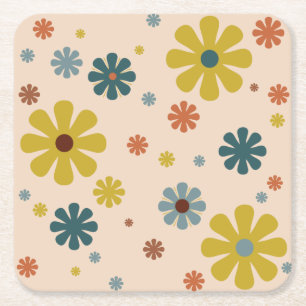 Dessous De Verre Carré Flower Power Retro 60s Pattern Mustard Blue Orange