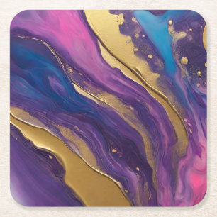 Dessous De Verre Carré Flux Abstrait bleu-bleu violet rose et or-