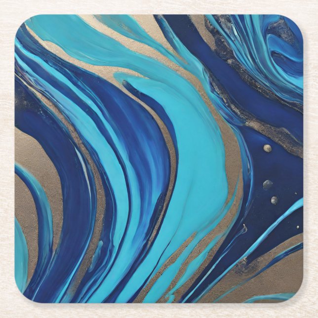 Dessous De Verre Carré Flux Abstrait moderne Art-Bleu et Or- (Devant)