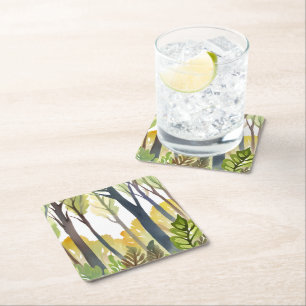 Dessous De Verre Carré Forêt à l'aquarelle Peinture de forêt de nature