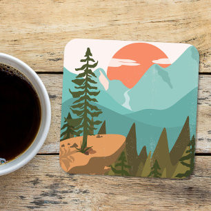 Dessous De Verre Carré Forêt Abstraite Moderne, Montagnes et Lever de Sol