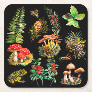 Dessous De Verre Carré Forêt, champignons sauvages