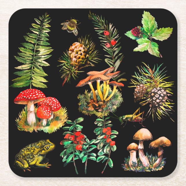 Dessous De Verre Carré Forêt, champignons sauvages (Devant)