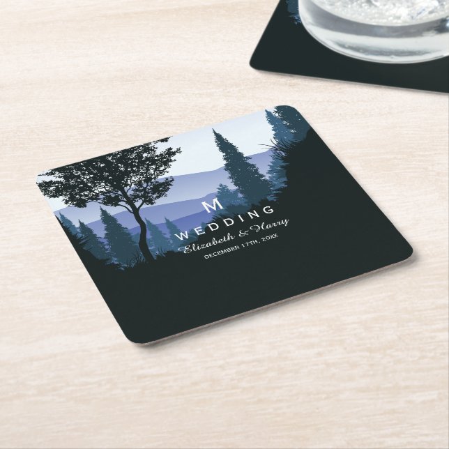 Dessous De Verre Carré Forêt de bois bleu, Mariage rustique (Incliné)