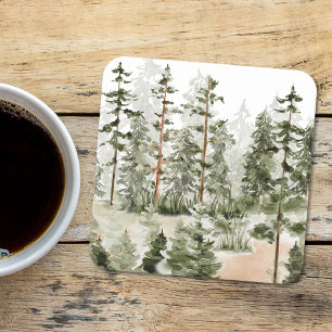 Dessous De Verre Carré Forêt Verte Rustique Aquarelle