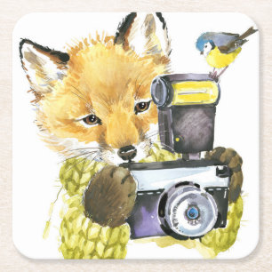 Dessous De Verre Carré Fox mignon d'aquarelle prenant des photos