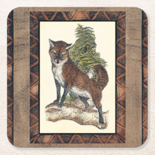 Dessous De Verre Carré Fox rustique faisant un pas sur un tronc d'arbre