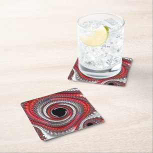 Dessous De Verre Carré Fractale Abstraite, rouge et noire