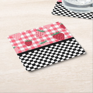 Dessous De Verre Carré Fraises Fantaisistes et Damier 