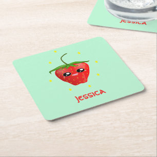 Dessous De Verre Carré Fruit Monogram kawaii sur turquoise